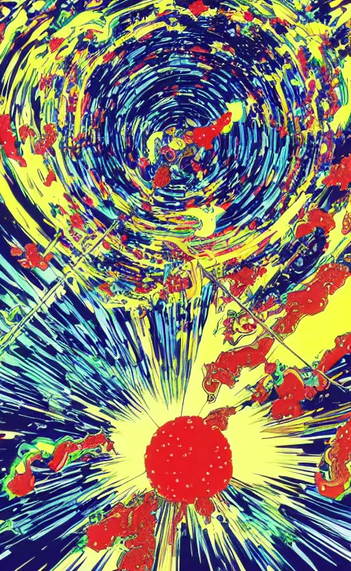 Image similar to a colorful fart of ferrofluids from albert einstein traveling through time continuum by katsuhiro otomo