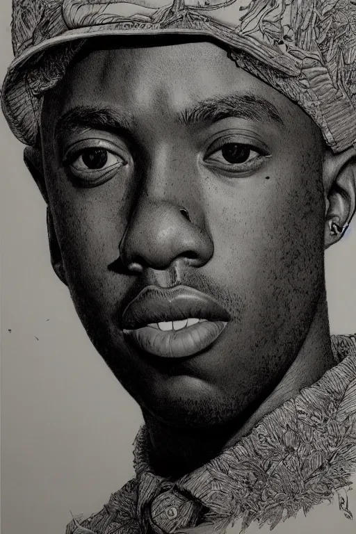 Image similar to portrait of tyler the creator, pen and ink, intricate line drawings, by craig mullins, ruan jia, kentaro miura, greg rutkowski