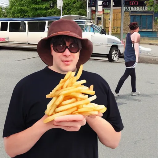 Image similar to comically large french fry next to person