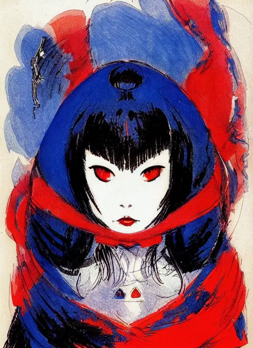 Prompt: portrait of heavyset mighty korean vampiress, jeweled veil, blue and red, strong line, saturated color, beautiful! coherent! by frank frazetta, high contrast, minimalism