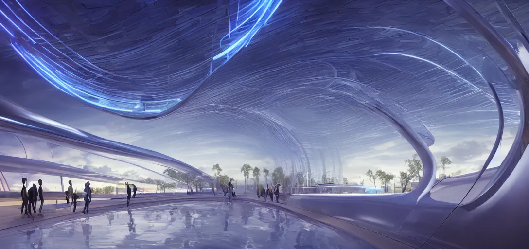 Prompt: futuristic transparent massive underground straight long blue neon giant plastic hyperloop by santiago calatrava and frank gehry and oscar neimeyer, by zaha hadid, glowing reflections, at dusk, octane render redshift unreal engine, by jesper ejsing feng zhu loish beeple thomas kinkade