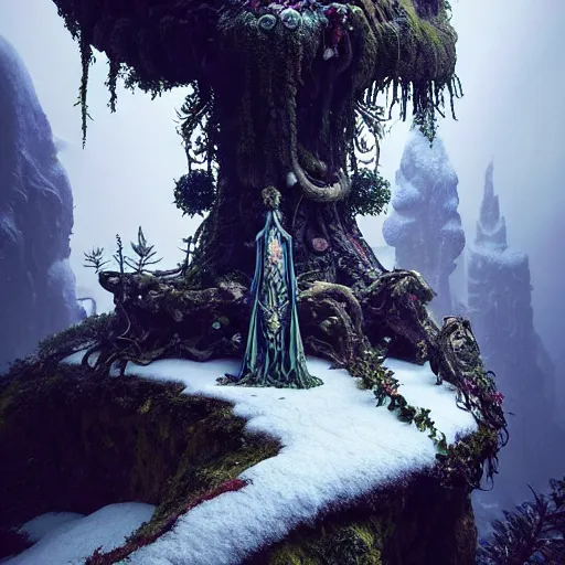 Image similar to ancient fallen god, lush trunda vegetation, snow :: by Michal Karcz, Daniel Merriam, Victo Ngai and Guillermo del toro :: ornate, dynamic, particulate, intricate, elegant, highly detailed, centered, artstation, smooth, sharp focus, octane render, 3d