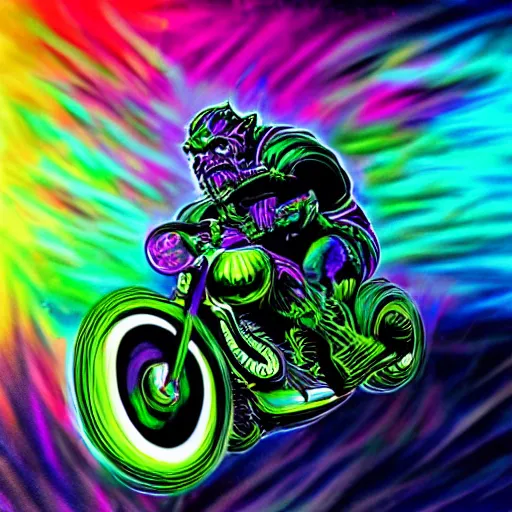 Prompt: psychedelic blacklight airbrush artwork, hyper stylized action shot of an orc biker riding a motorcycle, clear focused details, soft airbrushed edges and gradients on a black background