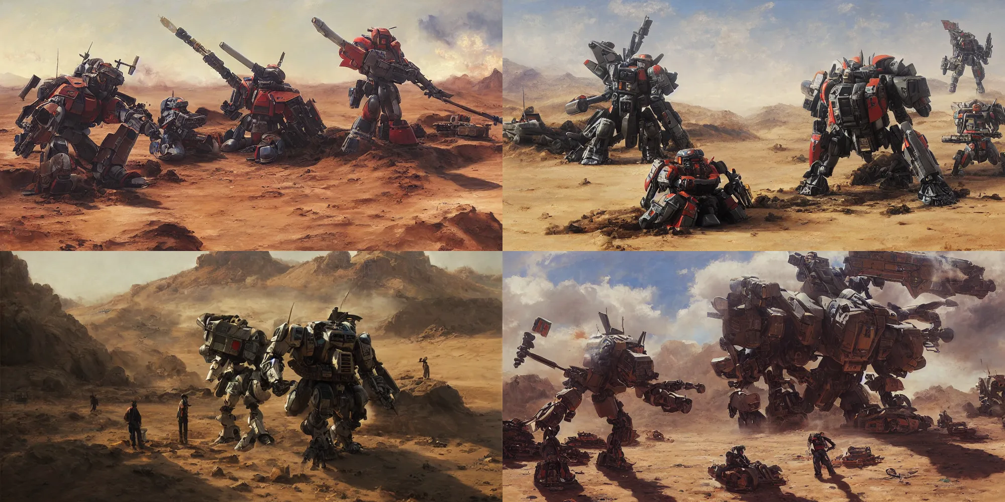 Prompt: people repairing a Zaku II Gundam broken down in a desert environment, by ruan jia, oil painting, visible brushstrokes