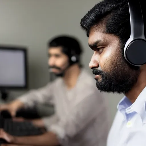 Prompt: Angry Indian man wearing headphones and using his old computer, at job headquarters, dslr photo