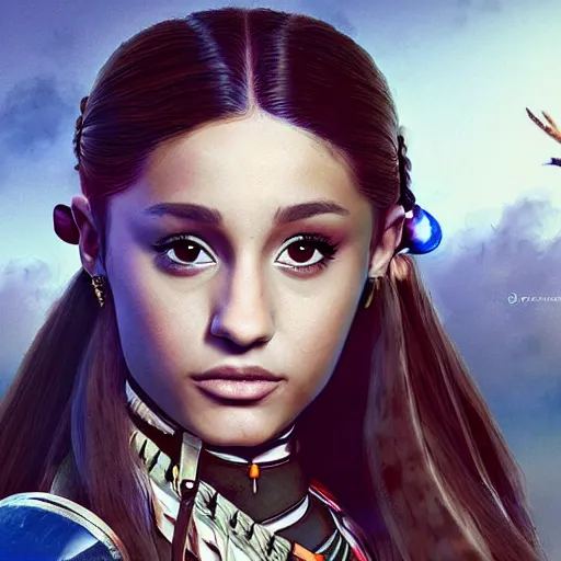 Image similar to ariana grande as a beautiful native american from 300 years ago with The Predator behind her, photography, moody lighting, artstation, realistic,