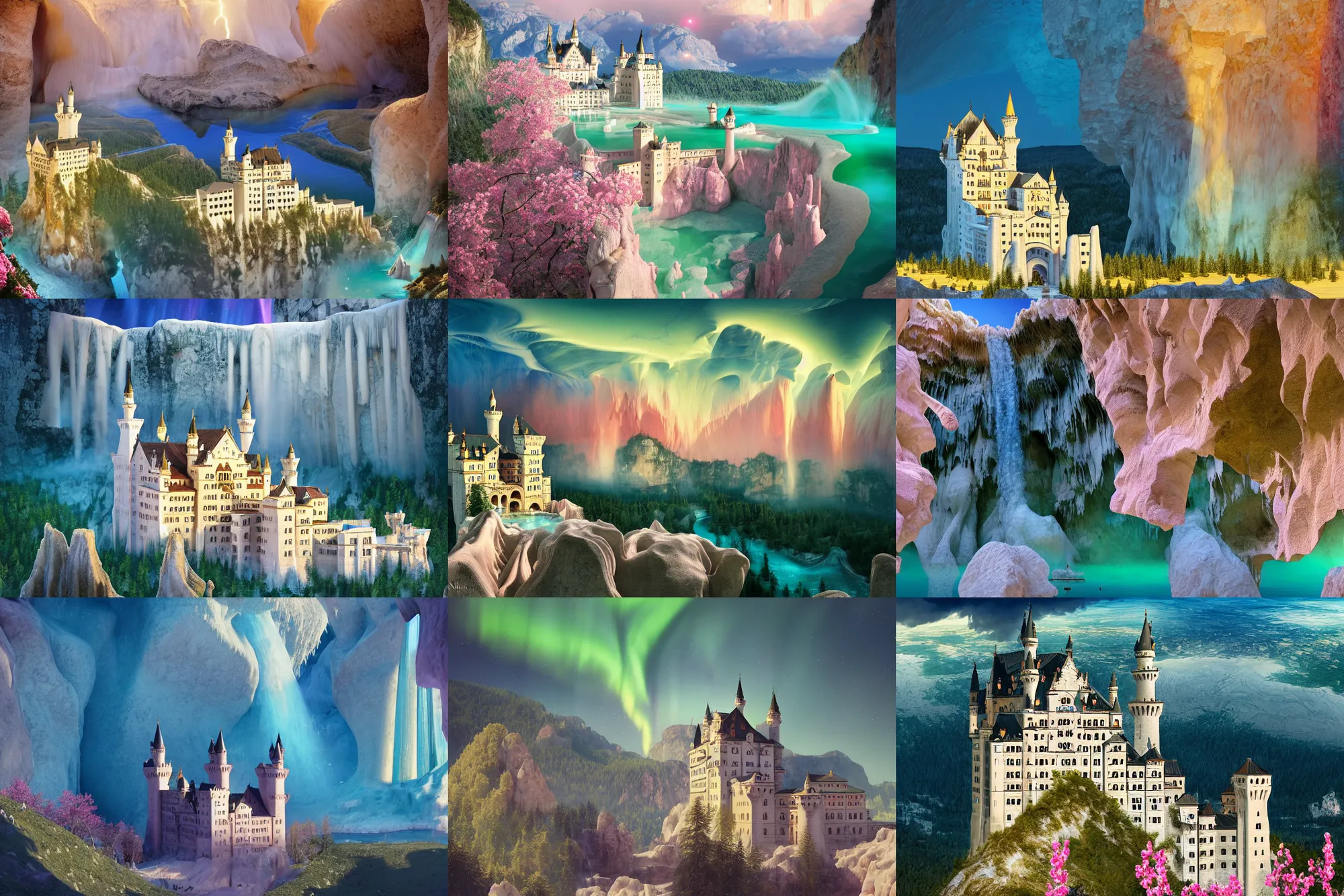 Prompt: neuschwanstein castle on pamukkale thermal waters flowing down gold travertine terraces in royal blue antelope canyon during sakura season on an interstellar aurora borealis with heavy thunder and lightning, pink waterfalls, flowers, by peter mohrbacher, james jean, james gilleard, greg rutkowski, vincent di fate, rule of thirds, octane render, beautiful landscape