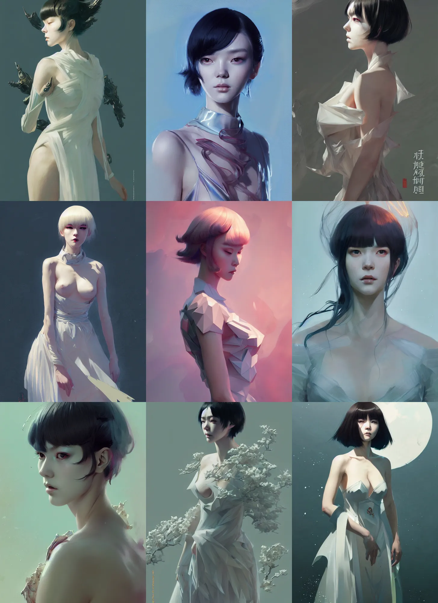 Prompt: character design by android james, ruan jia, ilya kuvshinov, martine johanna, jakub rebelka ( ( ( portrait of hoyeon jung in seductive luxurious celestial dress ) ) ) emerging from biolomeniscent water, sharp edges. ultra detailed, majestic, intricate,