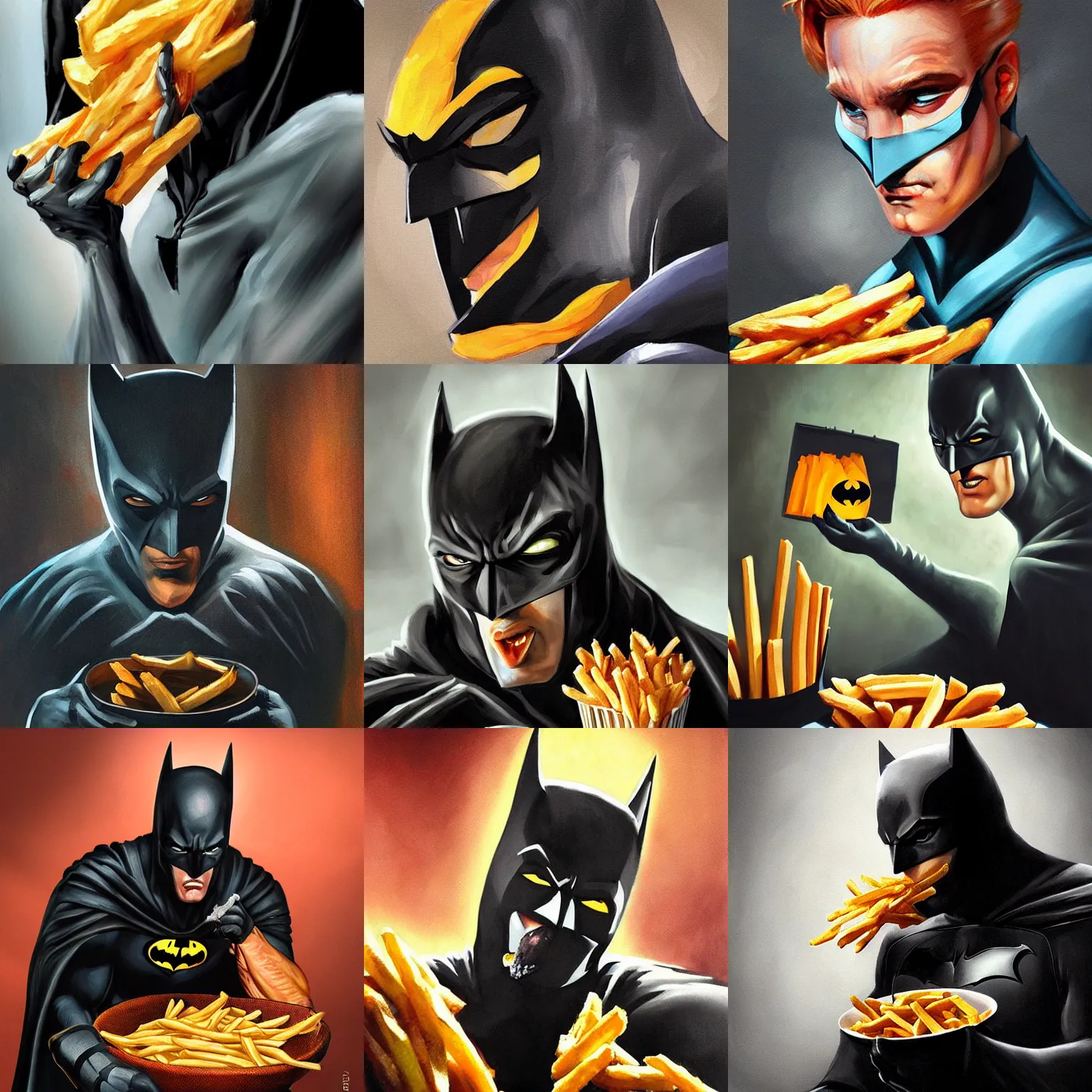 Prompt: beautiful painting of confused batman eating french fries, highly detailed, digital painting, dramatic lighting, artstation, concept art, sharp focus
