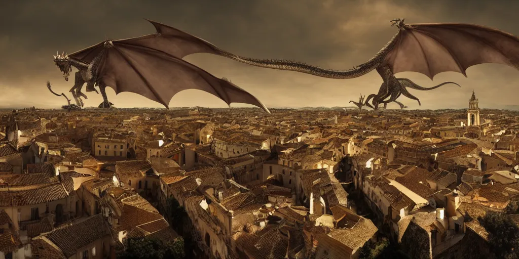 Image similar to the monumental city of caceres with a dragon flying over it, dramatic lighting, cinematic, extremly high detail, photorealistic, cinematic lighting, post processed, concept art, artstation, matte painting, style by greg rutkowsky