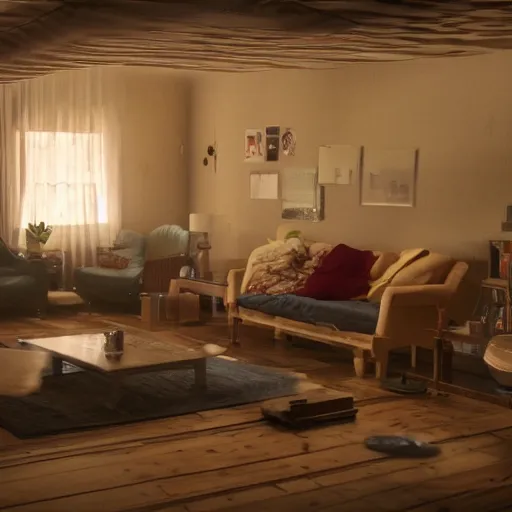 Prompt: a living room with the furniture hanging from the ceiling and people sleeping peacefully on the floor. Long shot from a movie.