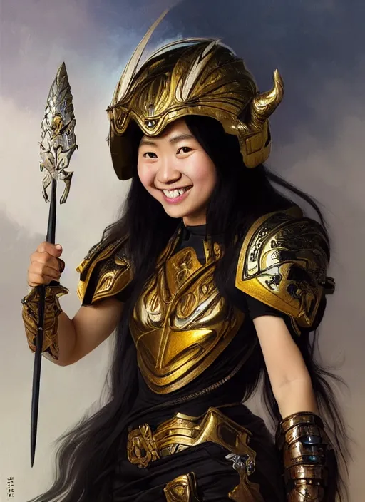 Image similar to Close-up portrait of smiling young asian woman wearing a winged helmet and black armor with skulls, holding a magic staff, portrait, highly detailed, digital painting, artstation, concept art, sharp focus, illustration, art by artgerm and greg rutkowski and alphonse mucha