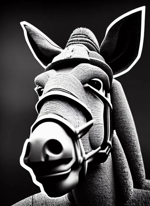 Image similar to intricate hyper detailed ultra sharp portrait of an evil robotic donkey that is heroically looking into the camera, fire background, 2 d digital vector art, highly realistic, highly detailed, medium shot, low angle, dramatic lighting, picture of the year award, deep cyberpunk mechanoid, sharp focus, 4 k, ultra hd,