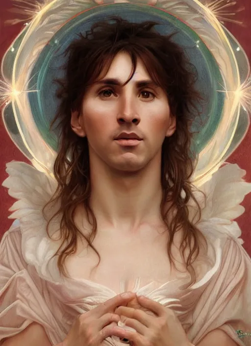 Image similar to portrait lionel messi angel, full length shot, shining, 8 k highly detailed, sharp focus, illustration, art by artgerm, mucha, bouguereau