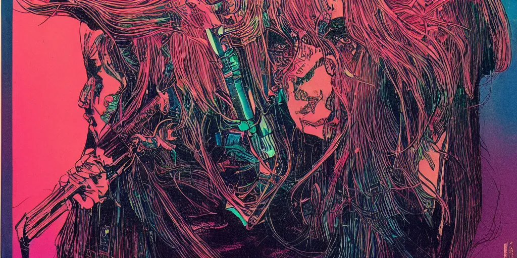 Image similar to a close - up grainy, risograph drawing, hyper light drigter, neon colors, a big porcelain glossy geisha head, with long hair, floating above the sharp peaks weapons, style by moebius and kim jung gi