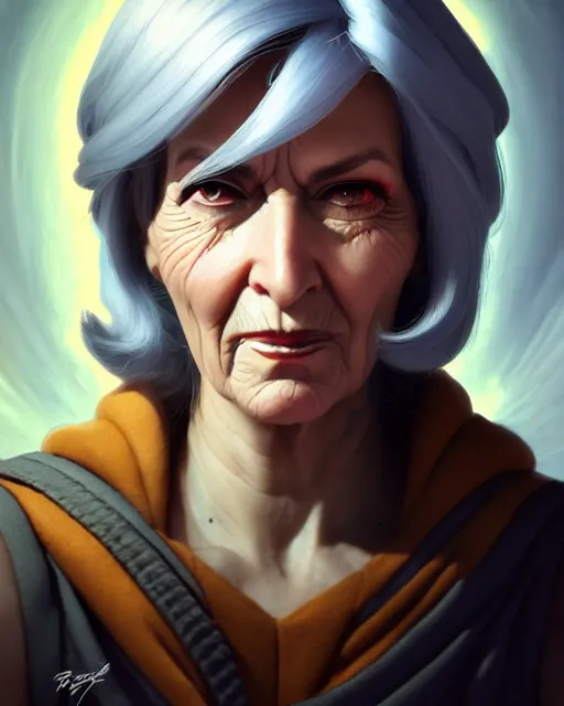 Prompt: ana from overwatch, older woman, gray hair, character portrait, portrait, close up, highly detailed, intricate detail, amazing detail, sharp focus, vintage fantasy art, vintage sci - fi art, radiant light, caustics, by boris vallejo