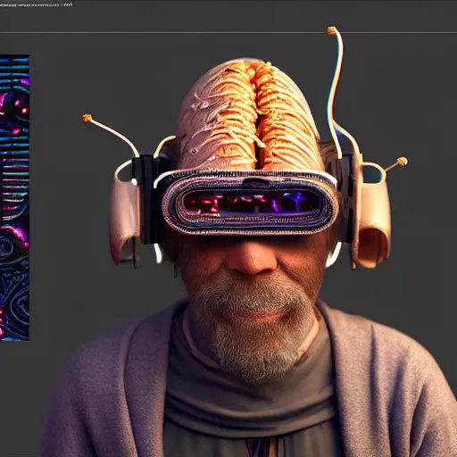 Image similar to Colour Photography of 1000 years old man with highly detailed 1000 years old face wearing higly detailed cyberpunk VR Headset designed by Josan Gonzalez Many details. Man eating higly detailed hot-dog. In style of Josan Gonzalez and Mike Winkelmann andgreg rutkowski and alphonse muchaand Caspar David Friedrich. Rendered in Blender