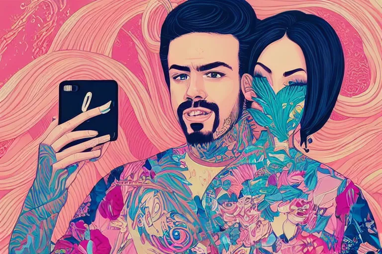 Image similar to a hispanic white girl with medium length 4 b hair, and a short - bearded mixed race man with short 4 a hair, in love selfie, tristan eaton, victo ngai, artgerm, rhads, ross draws