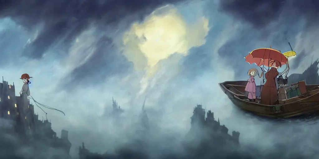 Prompt: a realistic and atmospheric cell - shaded concept art from howl's moving castle ( 2 0 0 4 ) of a multi - colored dragon in the air. a man with an umbrella is standing in a boat in a flooded city. it is a misty starry night. very dull muted colors, hd, 4 k, hq