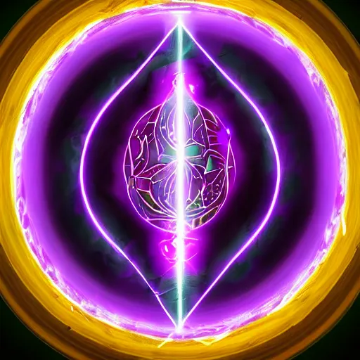 Prompt: a purple shield emanating a mysterious purple glow, purple energy, ability image, dark background, digital art, strong contrasts