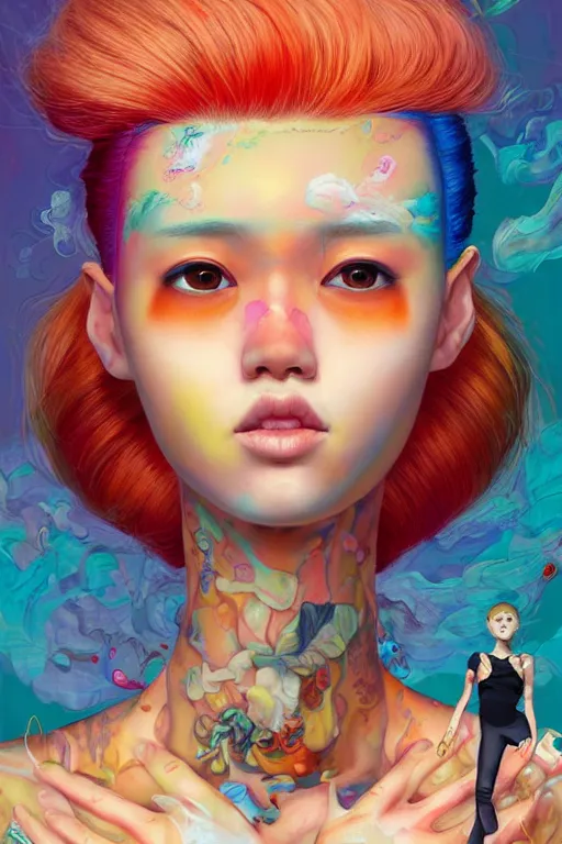 Image similar to a award winning half body portrait of a beautiful caucasian woman in a croptop and cargo pants with ombre orange blue teal hairstyle with head in motion and hair flying by yoshii chie and hikari shimoda and martine johanna and will eisner, outrun, vaporware, digital art, trending on artstation, highly detailed, fine detail, intricate