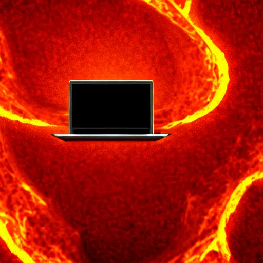 Image similar to a demon ~ using a laptop ~ lava background ~ sitting on a chair ~, 4 k, ultra hd