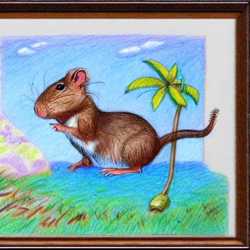 Prompt: gerbil warrior, fantasy, island setting, bounty - island, color pencil drawing