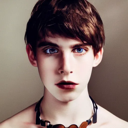 Prompt: a teenage boy, around 2 2 yo. choker necklace. natural brown hair. loincloth, pale skin. detailed face. ominous and eerie. natural colors. hyperrealistic photo.