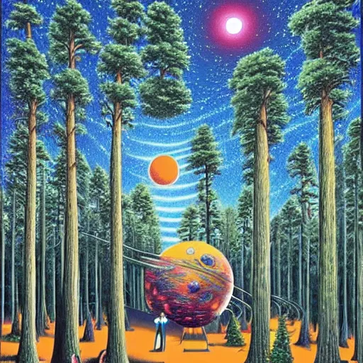 Prompt: psychedelic, trippy, pine forest, planets, milky way, cartoon by rob gonsalves
