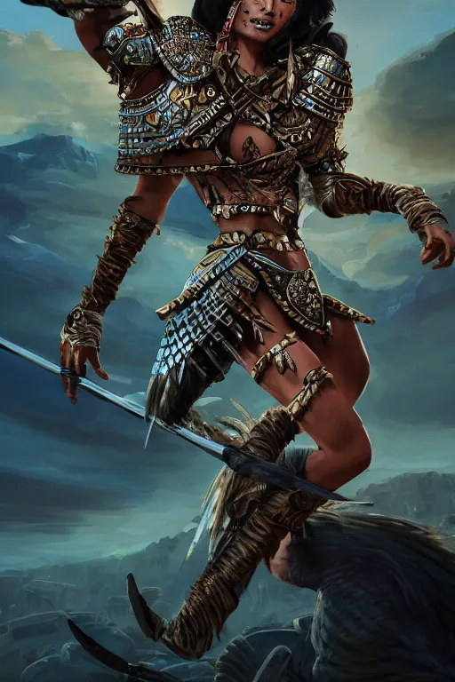 Prompt: action scene, aztec princess fights barbarians,rich Aztec jaguar armor,ligtt sword, vertical composition, inspired by monster hunter and westerns, muscular body, clean beautiful symmetrical face, subtle make up, epic,dramatic lighting, cinematic, establishing shot, extremely high detail, photorealistic, pin up, provocative , cinematic lighting, artstation, octane render, dark fantasy ,old photo, vintage, black and white