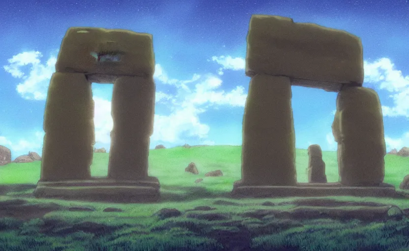 Image similar to a cell - shaded studio ghibli concept art study of a square dimensional portal doorway in easter island on a misty starry night. water is flowing out of the mouth of the portal. very dull colors, hd, 4 k, hq