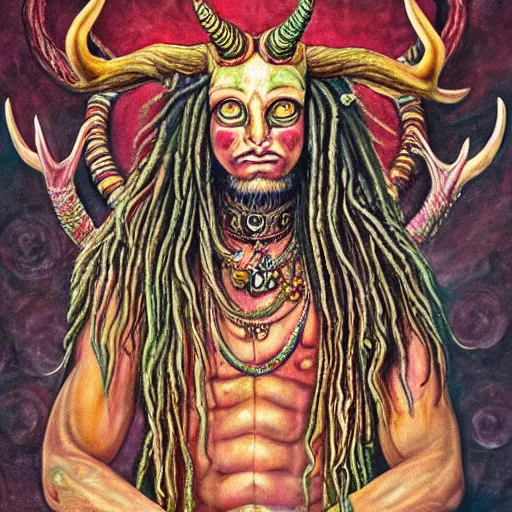 Image similar to a hyper-detailed painting with high details and textures of a psychedelic demon with dreadlocks horns and several eyes, he is in a meditation position and has an open third eye and mystical spiritual powers, the mix cernunnos + shiva