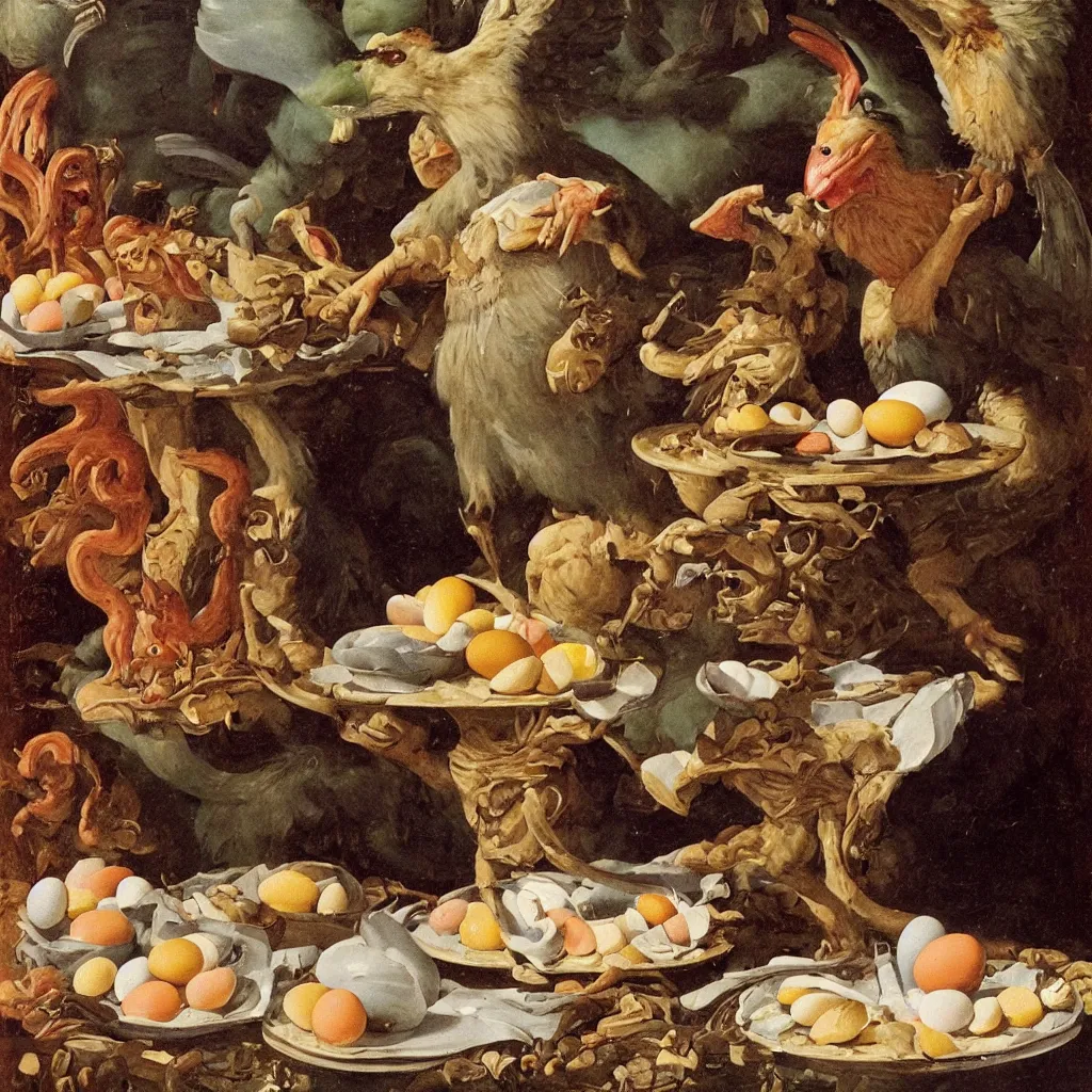 Image similar to a goblin bird with a plate of eggs and cookies, renaissance painting,