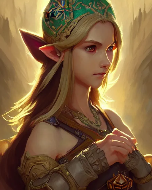 Image similar to legend of Zelda, D&D, fantasy, intricate, elegant, highly detailed, digital painting, artstation, concept art, matte, sharp focus, illustration, hearthstone, art by Artgerm and Greg Rutkowski and Alphonse Mucha