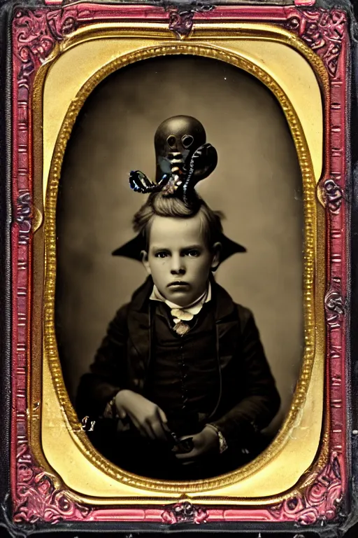 Image similar to wet plate photograph portrait of victorian child with an octopus head, dressed in a victorian - era clothing, dramatic lighting, highly detailed, smooth, sharp focus