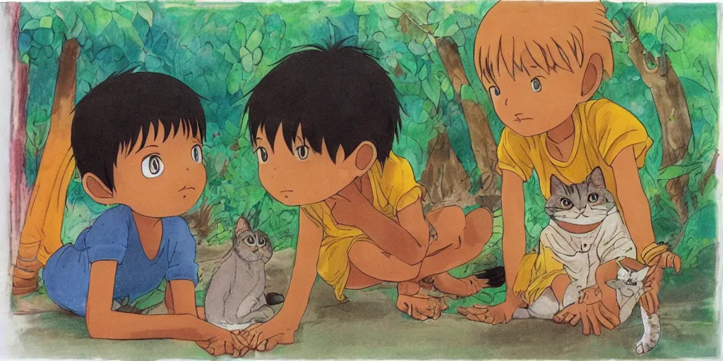 Image similar to sri lankan kid and cat, drawn by hayao miyazaki