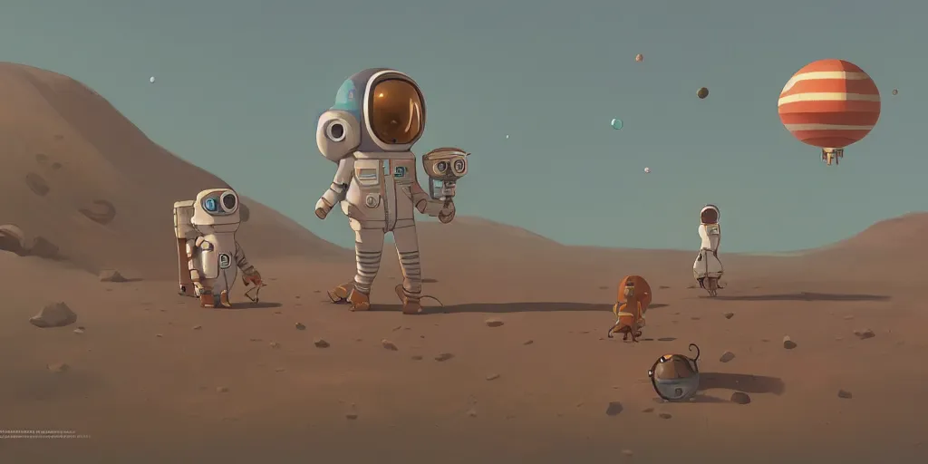 Image similar to cute cartoon cosmonaut landing on the mars by goro fujita and simon stalenhag and wes anderson and alex andreev, 8 k, trending on artstation, hyper detailed, cinematic