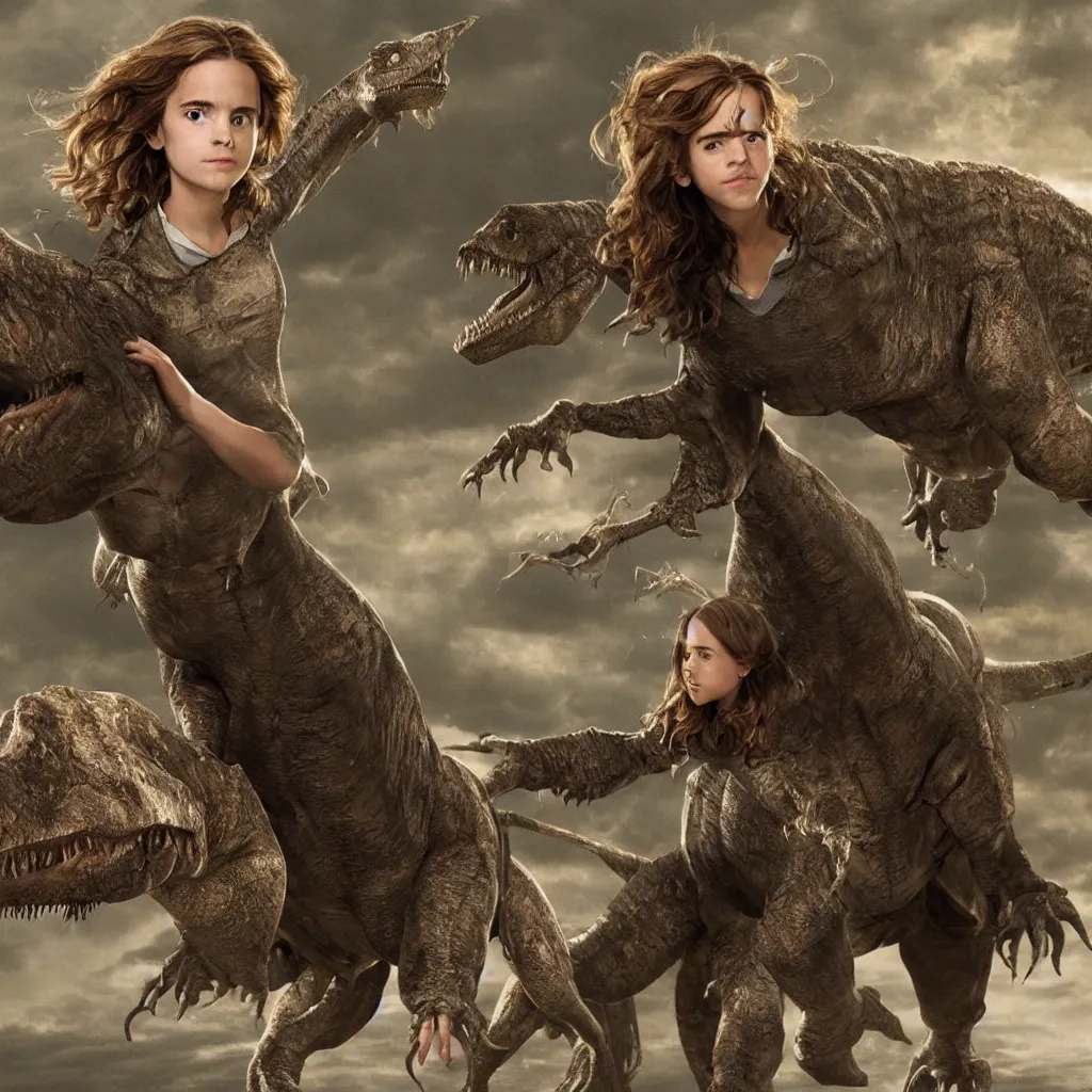 Prompt: hermione granger riding a t - rex