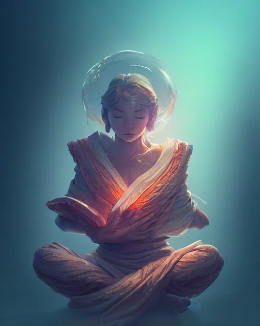 Image similar to a tiny creature floating while meditating and wrapped in sacred scrolls, smooth, intricate, elegant, digital painting, artstation, concept art, sharp focus, octane render, illustration, art by ayami kojima, apex legends character,