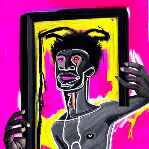 Image similar to A mirror selfie of a black handsome muscular man with white angel wings and black devil horns holding an iPhone, pitchfork, full body, pink background, abstract jean-Michel Basquiat oil painting with thick paint strokes, oil on canvas, aesthetic, y2k, intricately detailed artwork, trending on artstation