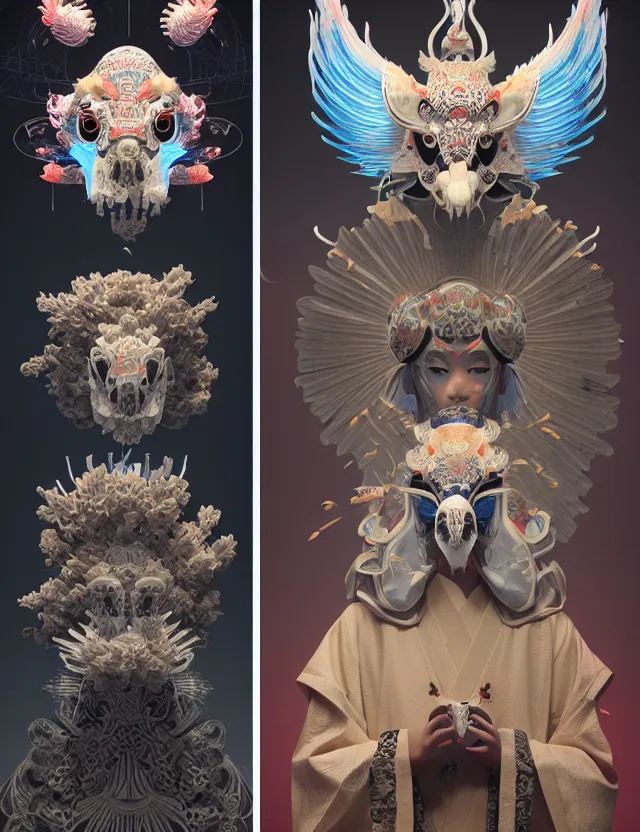 Image similar to 3 d chapel space frontal portrait with ram skull. beautiful intricately detailed japanese crow kitsune mask and clasical japanese kimono. betta fish, jellyfish phoenix, bio luminescent, plasma, ice, water, wind, creature, artwork by tooth wu and wlop and beeple and greg rutkowski