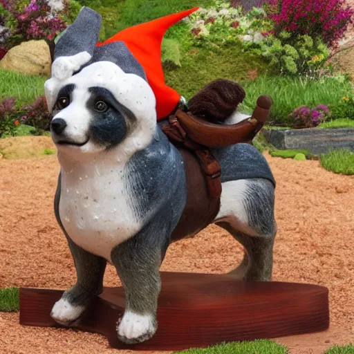 Image similar to 8k highly detailed photograph of gnome riding a corgi like a horse,