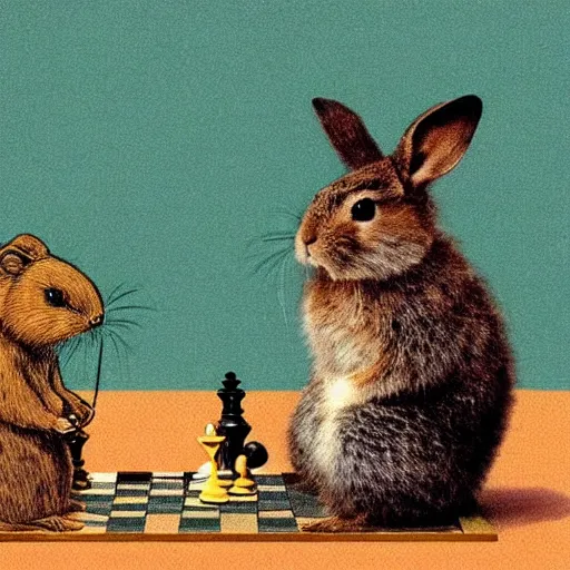 Prompt: a quokka playing chess against a rabbit, in the style of ilya repin