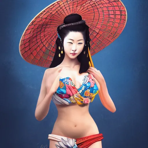 Image similar to Very very very very highly detailed epic central composition studio photography of A Japanese geisha in a colorful bikini, intricate, medieval, extremely detailed, digital painting, artstation, concept art, smooth, sharp focus, illustration, studio lighting, incredible art by Anna Dittmann and Anton Pieck