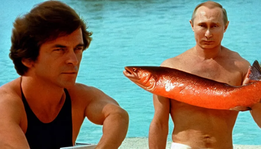 Image similar to 7 0 s movie still of putin in speedo, proudly holding a salmon, focus on eyes. cinestill 8 0 0 t _ 3 5 mm eastmancolor, heavy grain, high quality, high detail