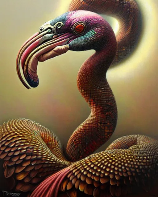 Image similar to a detailed portrait of dreampunk flamingo python hybrid mix beautiful! goddess by tomasz alen kopera and peter mohrbacher