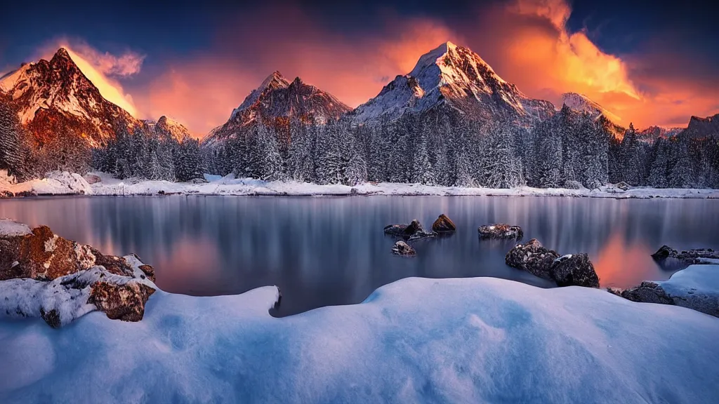 Image similar to amazing snowy landscape photo of mountains with lake in sunset by marc adamus, beautiful dramatic lighting
