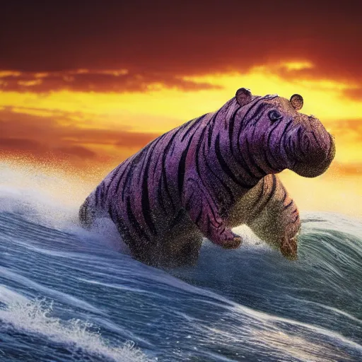 Prompt: a closeup photorealistic photograph of an energetic knitted tiger hippopotamus riding a large wave during sunset. surf in the background. professional capture. brightly lit scene. this 4 k hd image is trending on artstation, featured on behance, well - rendered, extra crisp, features intricate detail, epic composition and the style of unreal engine.