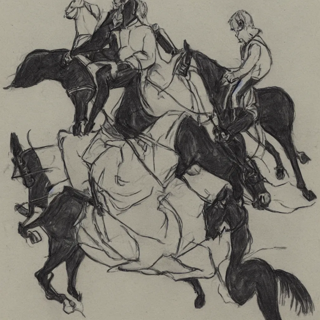 Image similar to sketch of Draco Malfoy riding one black horse, by Mary GrandPré, fairy simple