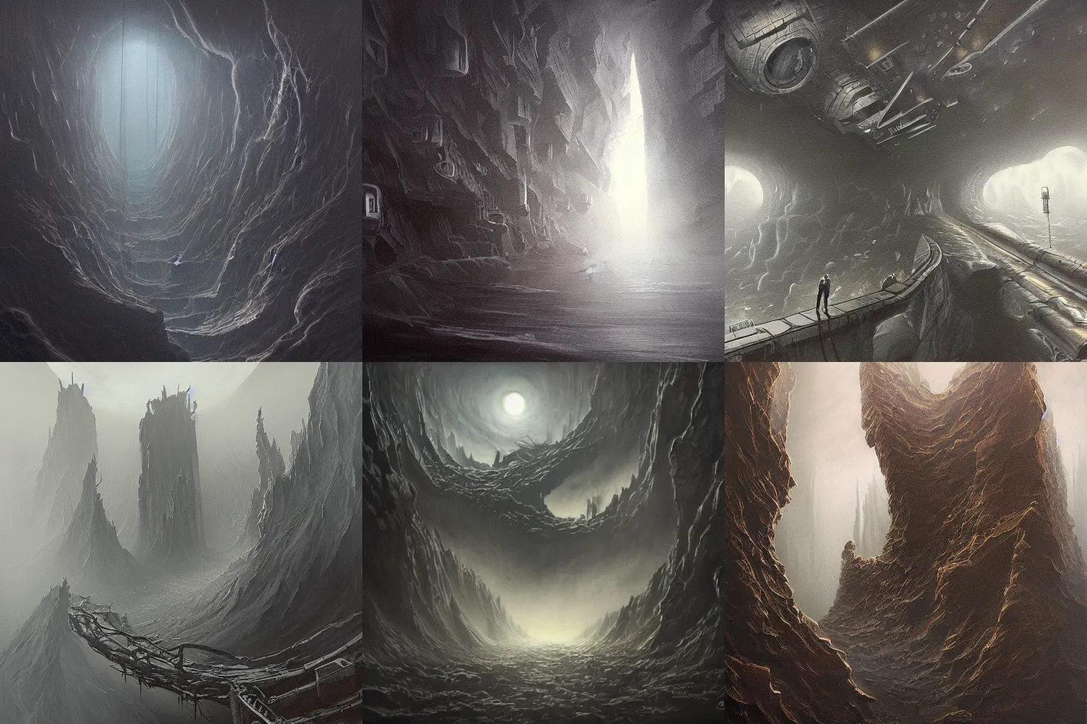 Prompt: highly detailed painting of an endless chasm, sci-fi, moody, misty, dark, but compelling